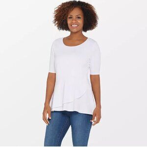 Isaac Mizrahi Live! Elbow Sleeve White Peplum Flounce Knit Top A303962 Sz Med